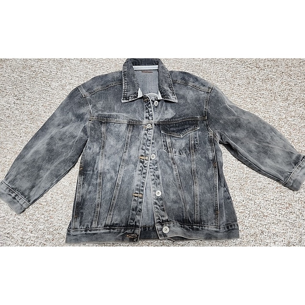 POL Denim Jacket L Black Gray Acid Wash Red Stripe 3/4 Sleeve Womens Distressed